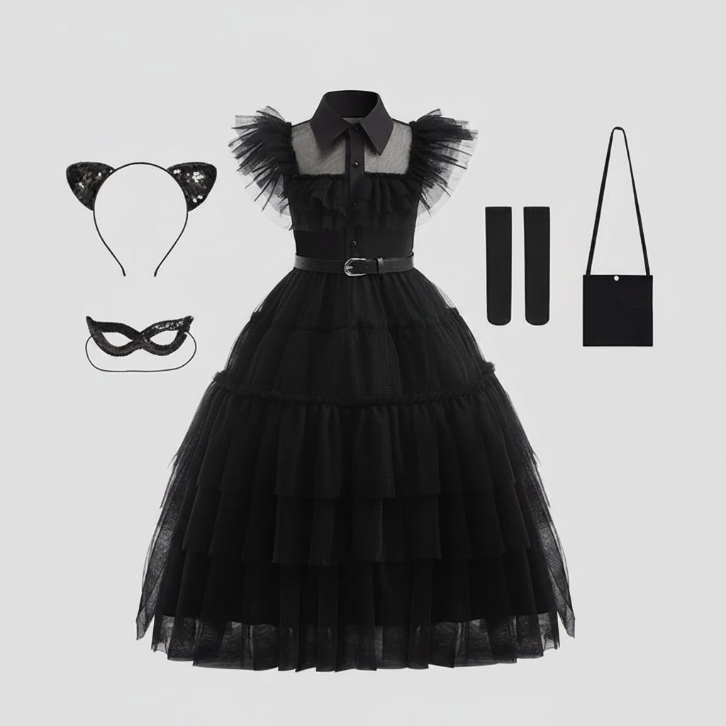 Enchanting Gothic Costume for Girls with Tulle Dress & Accessories