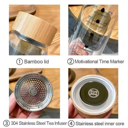 Borosilicate Glass Hydration Bottle with Time Indicators – 24oz / 32oz, Leakproof Bamboo Lid, Eco-Friendly, BPA-Free