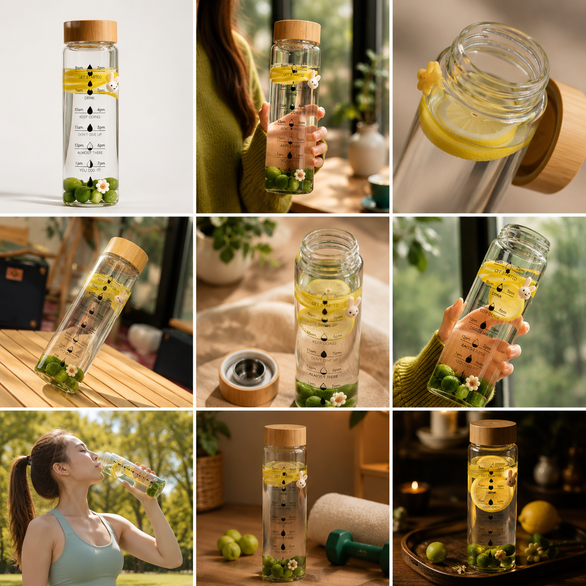 Borosilicate Glass Hydration Bottle with Time Indicators – 24oz / 32oz, Leakproof Bamboo Lid, Eco-Friendly, BPA-Free