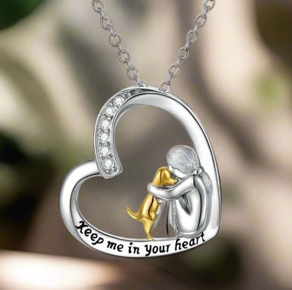 Silver Necklace with Heart, Dog, and Zirconia Gemstone