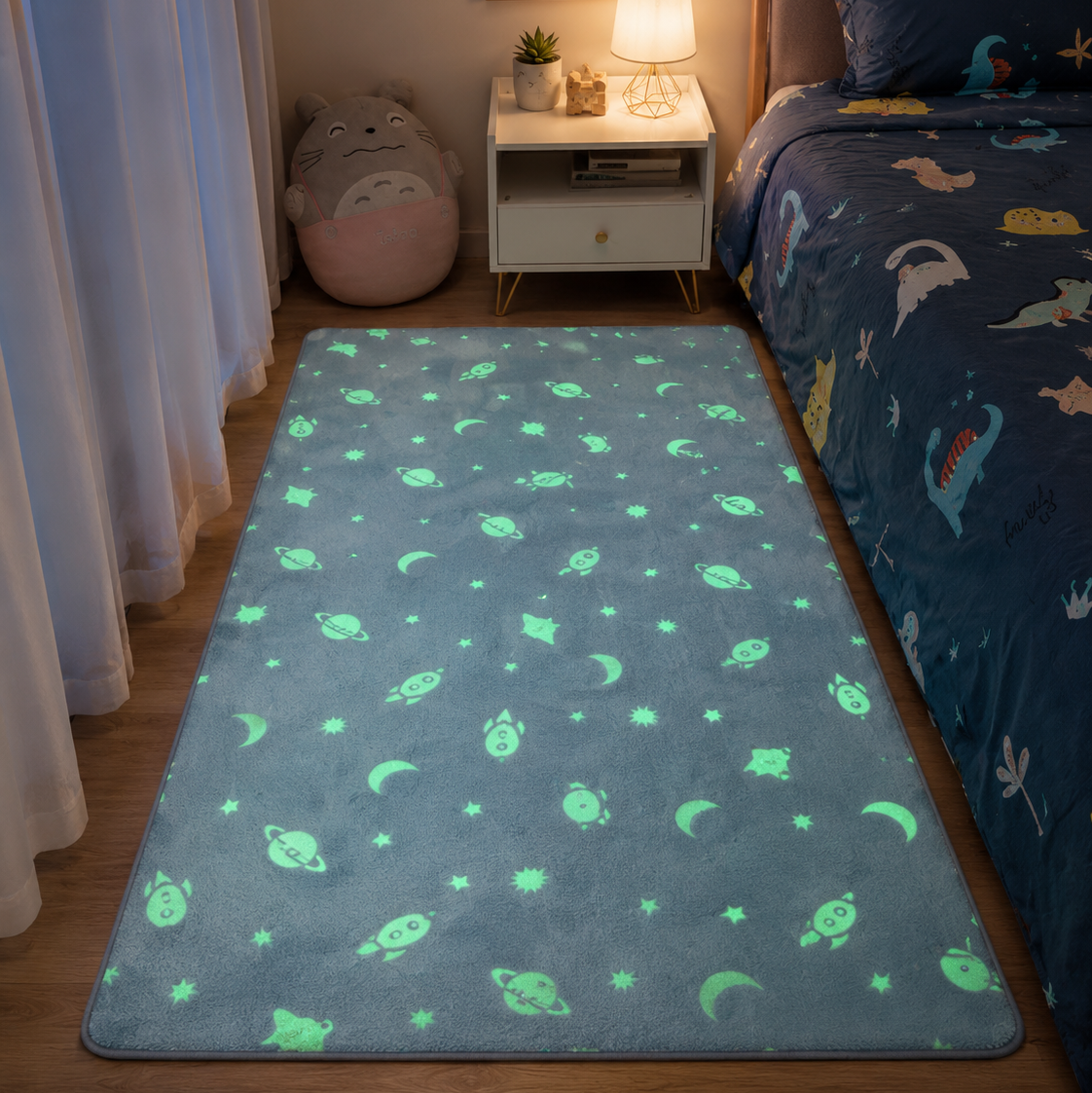 Glow in the Dark Area Rug for Children – Moon and Star Pattern