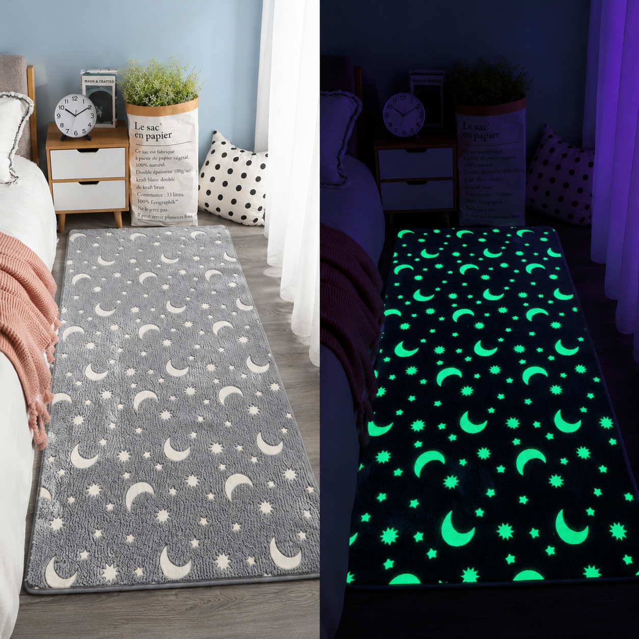 Glow in the Dark Area Rug for Children – Moon and Star Pattern