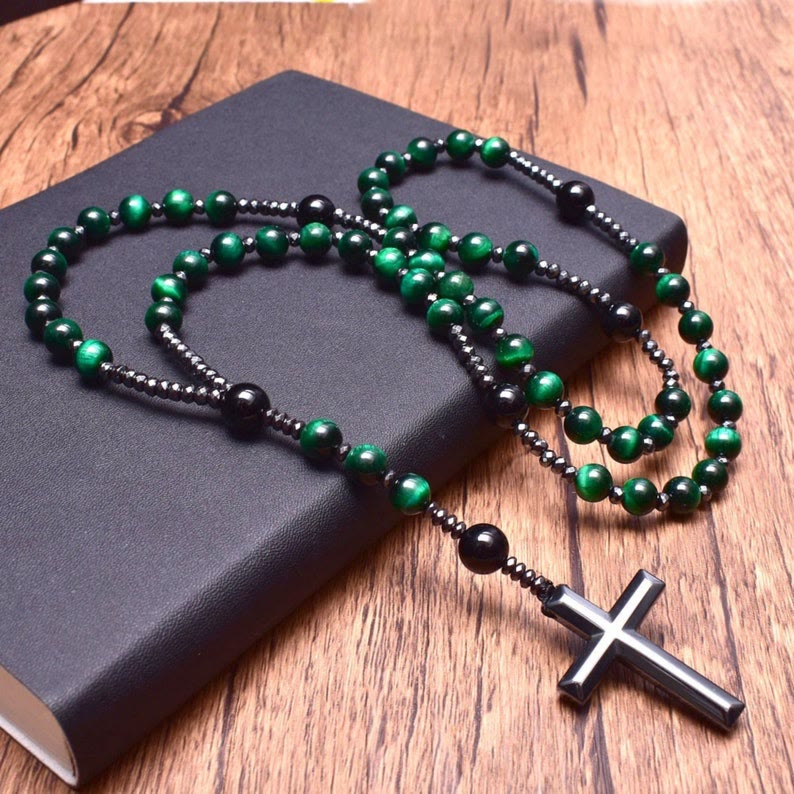 Men's Rosary Necklace with Tiger Eye and Lapis Lazuli – Orion Design