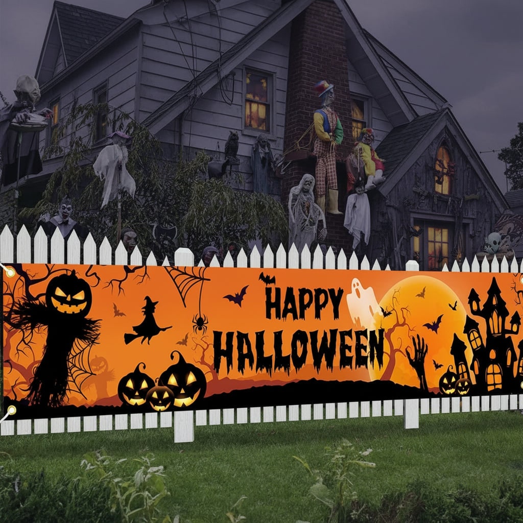 Giant Halloween Yard Banner with Pumpkins, Witches, and Bats