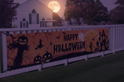 Giant Halloween Yard Banner with Pumpkins, Witches, and Bats