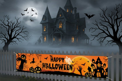 Giant Halloween Yard Banner with Pumpkins, Witches, and Bats