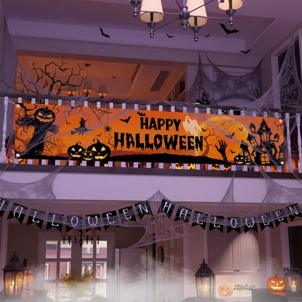 Giant Halloween Yard Banner with Pumpkins, Witches, and Bats