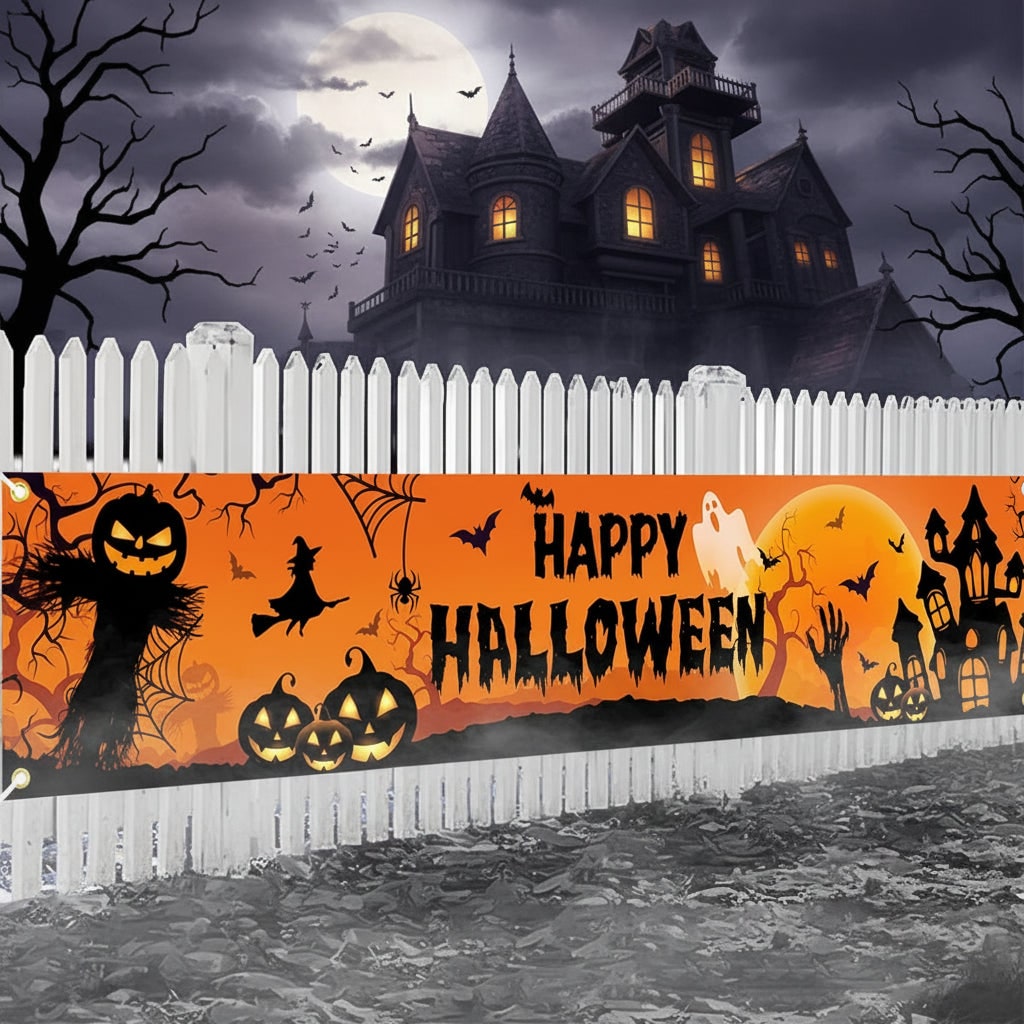 Giant Halloween Yard Banner with Pumpkins, Witches, and Bats