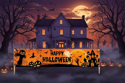 Giant Halloween Yard Banner with Pumpkins, Witches, and Bats