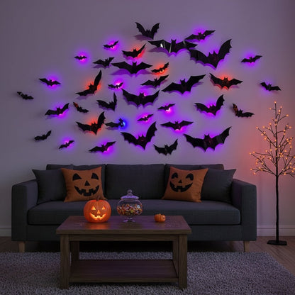 3D Bat Wall Stickers with LED Lights for Spooky Decor