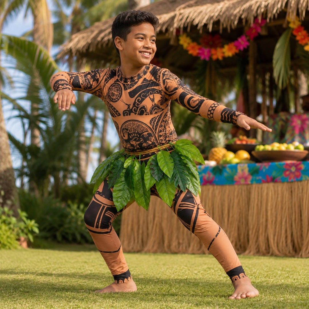 Epic Polynesian Warrior Costume with Leaf Skirt Design