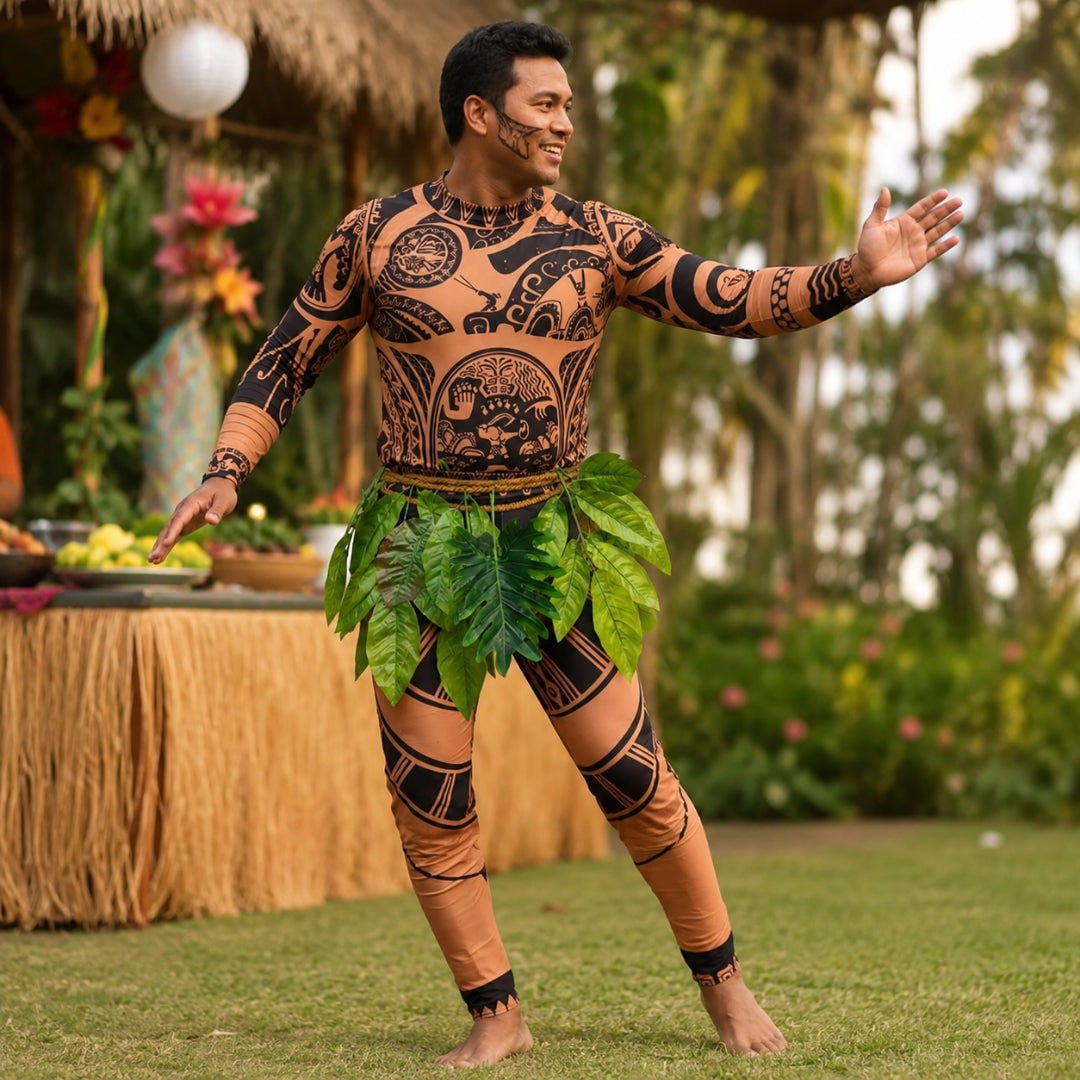 Epic Polynesian Warrior Costume with Leaf Skirt Design