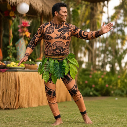Epic Polynesian Warrior Costume with Leaf Skirt Design