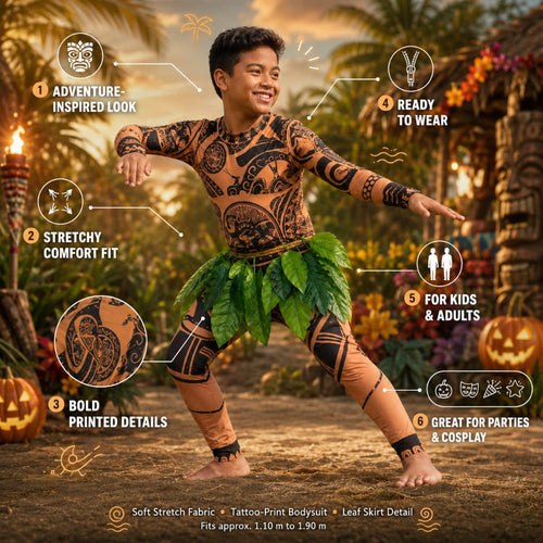 Epic Polynesian Warrior Costume with Leaf Skirt Design