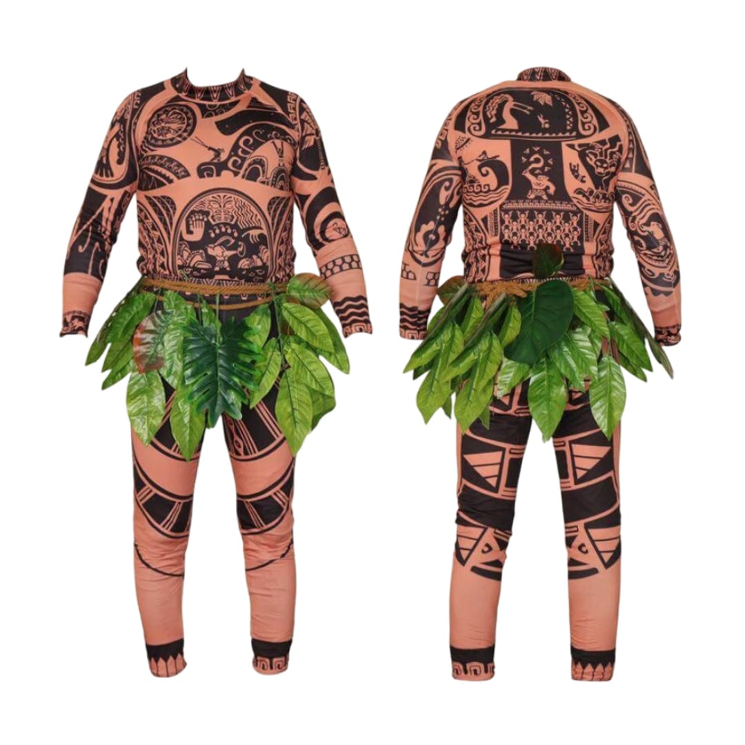 Epic Polynesian Warrior Costume with Leaf Skirt Design