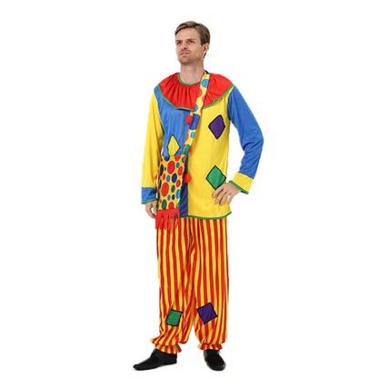 Vibrant Jester Costume with Striped Trousers for a Spooky Look