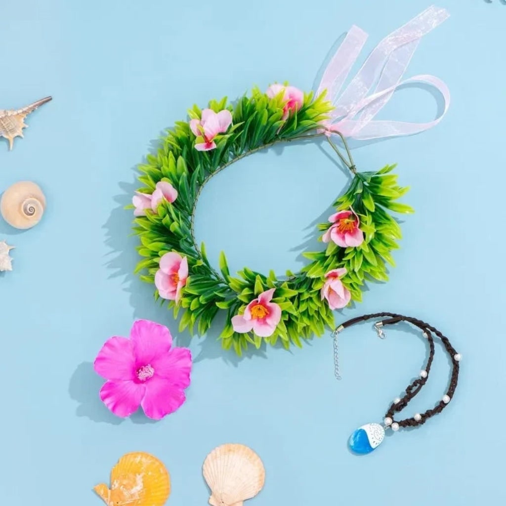 Tropical Paradise Costume Accessory Set: Flower Crown & Necklace