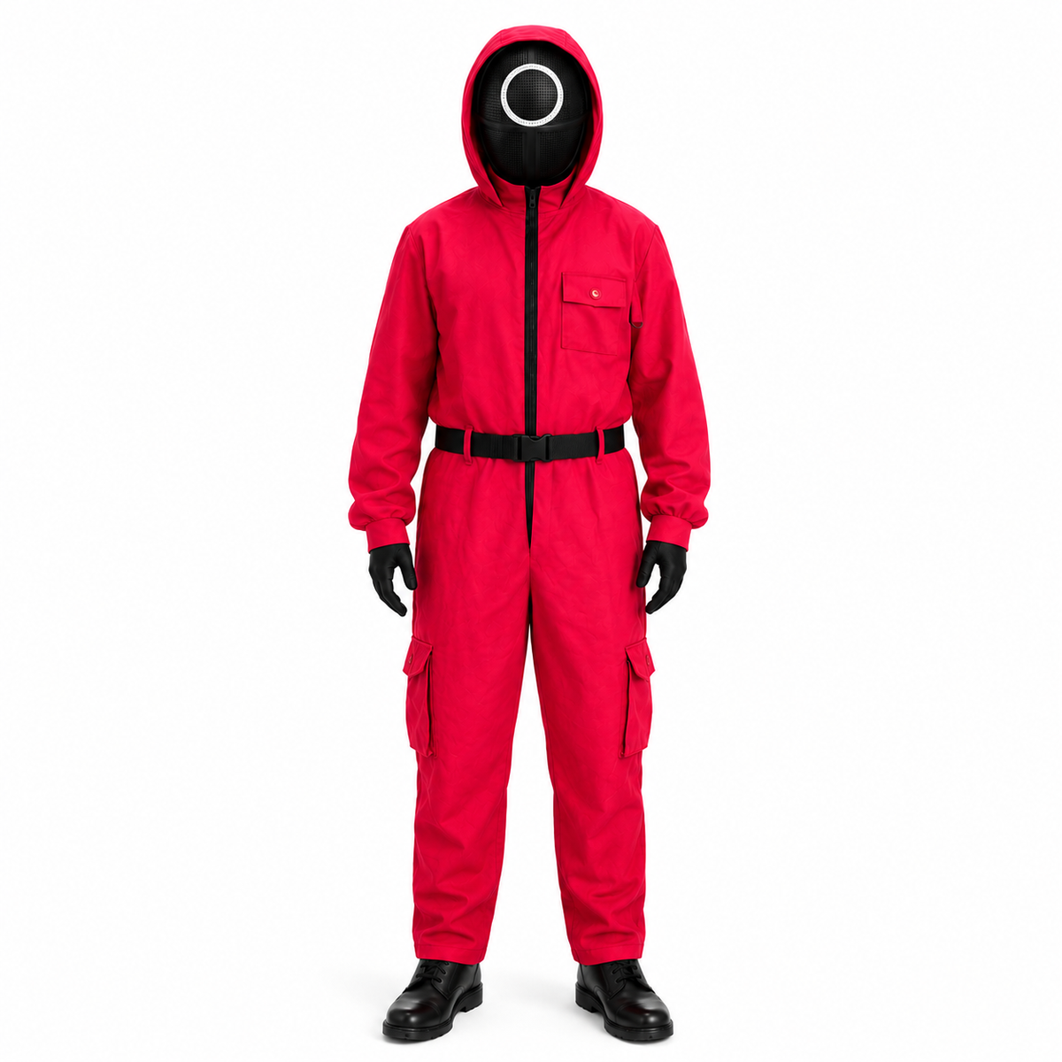 Vibrant Red Costume Jumpsuit with Hood for Halloween Fun