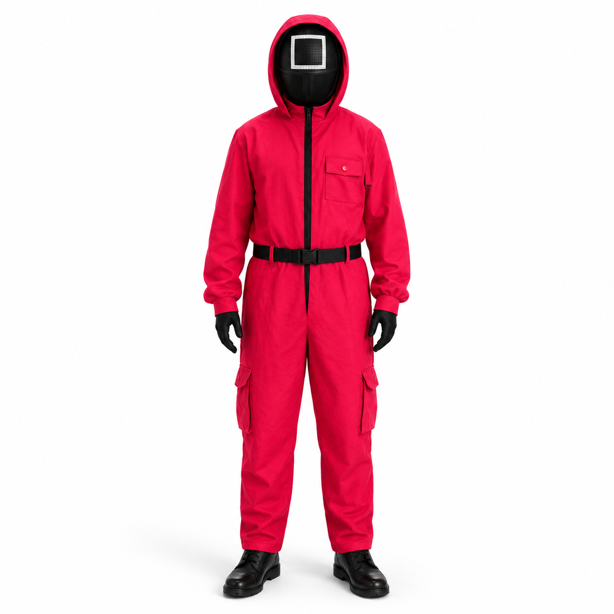 Vibrant Red Costume Jumpsuit with Hood for Halloween Fun