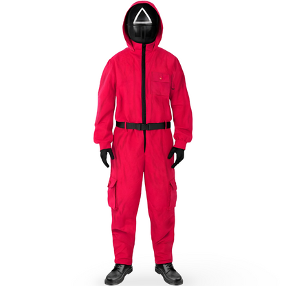 Vibrant Red Costume Jumpsuit with Hood for Halloween Fun