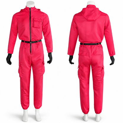 Vibrant Red Costume Jumpsuit with Hood for Halloween Fun