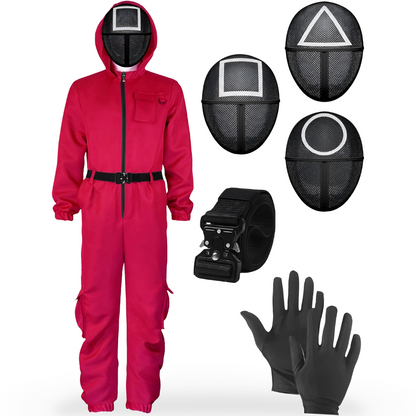 Vibrant Red Costume Jumpsuit with Hood for Halloween Fun