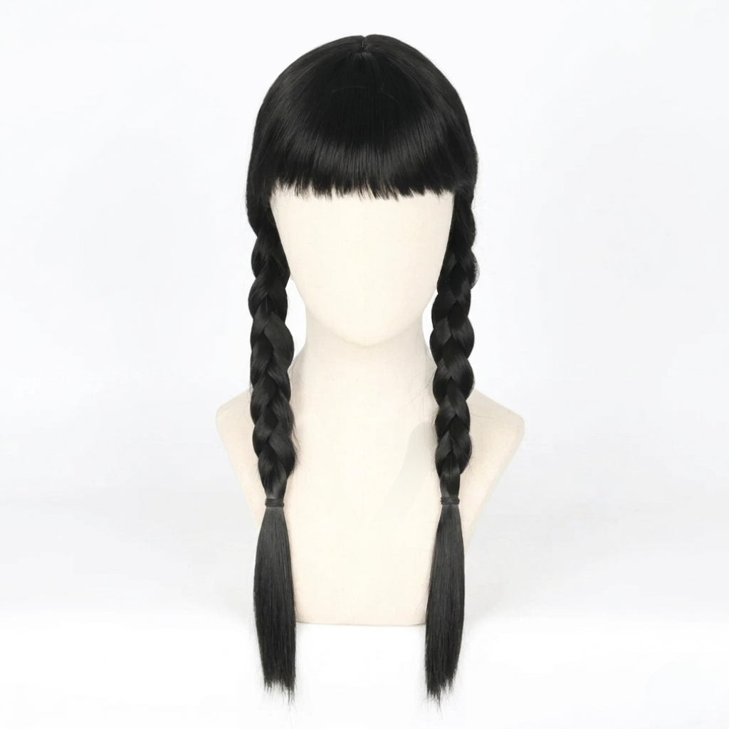 Enchanting Black Braided Wig with Straight Bangs for Costumes
