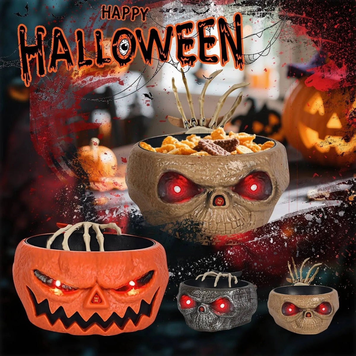 Spooky Motion-Activated Candy Bowl with LED Eyes & Hand