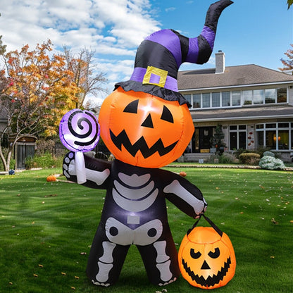 Glowing Pumpkin Skeleton Yard Inflatable with LED Lights