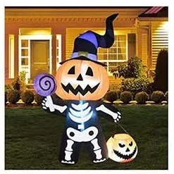 Glowing Pumpkin Skeleton Yard Inflatable with LED Lights