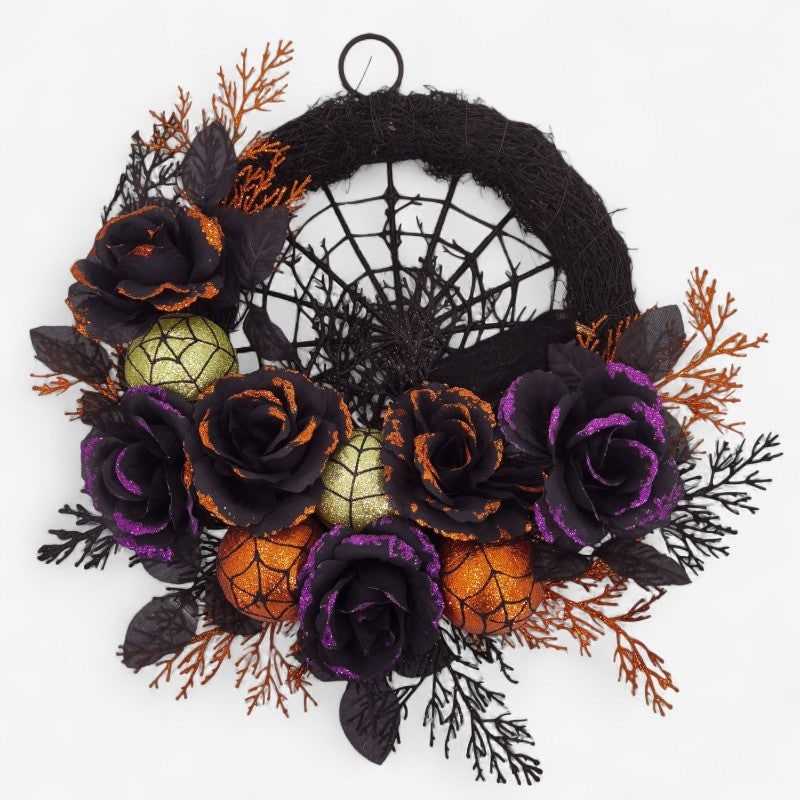 Eerie Elegance Wreath with Black Blooms and Webbing for Halloween