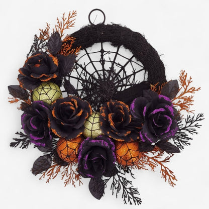 Eerie Elegance Wreath with Black Blooms and Webbing for Halloween