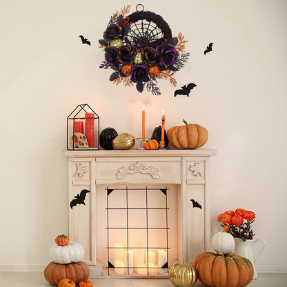 Eerie Elegance Wreath with Black Blooms and Webbing for Halloween