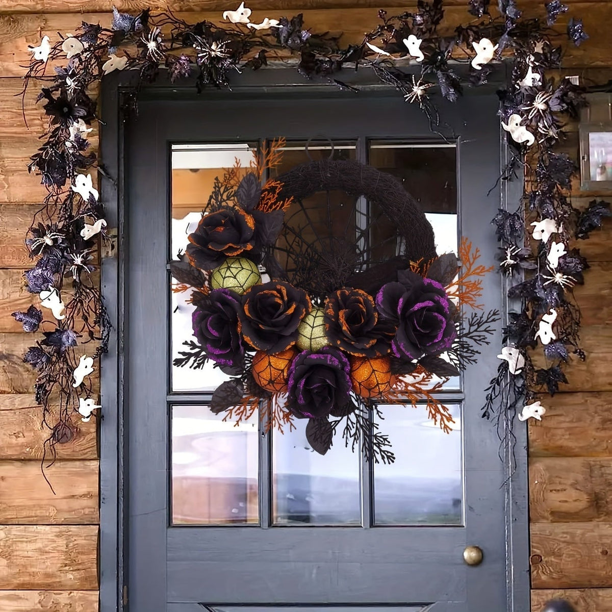 Eerie Elegance Wreath with Black Blooms and Webbing for Halloween