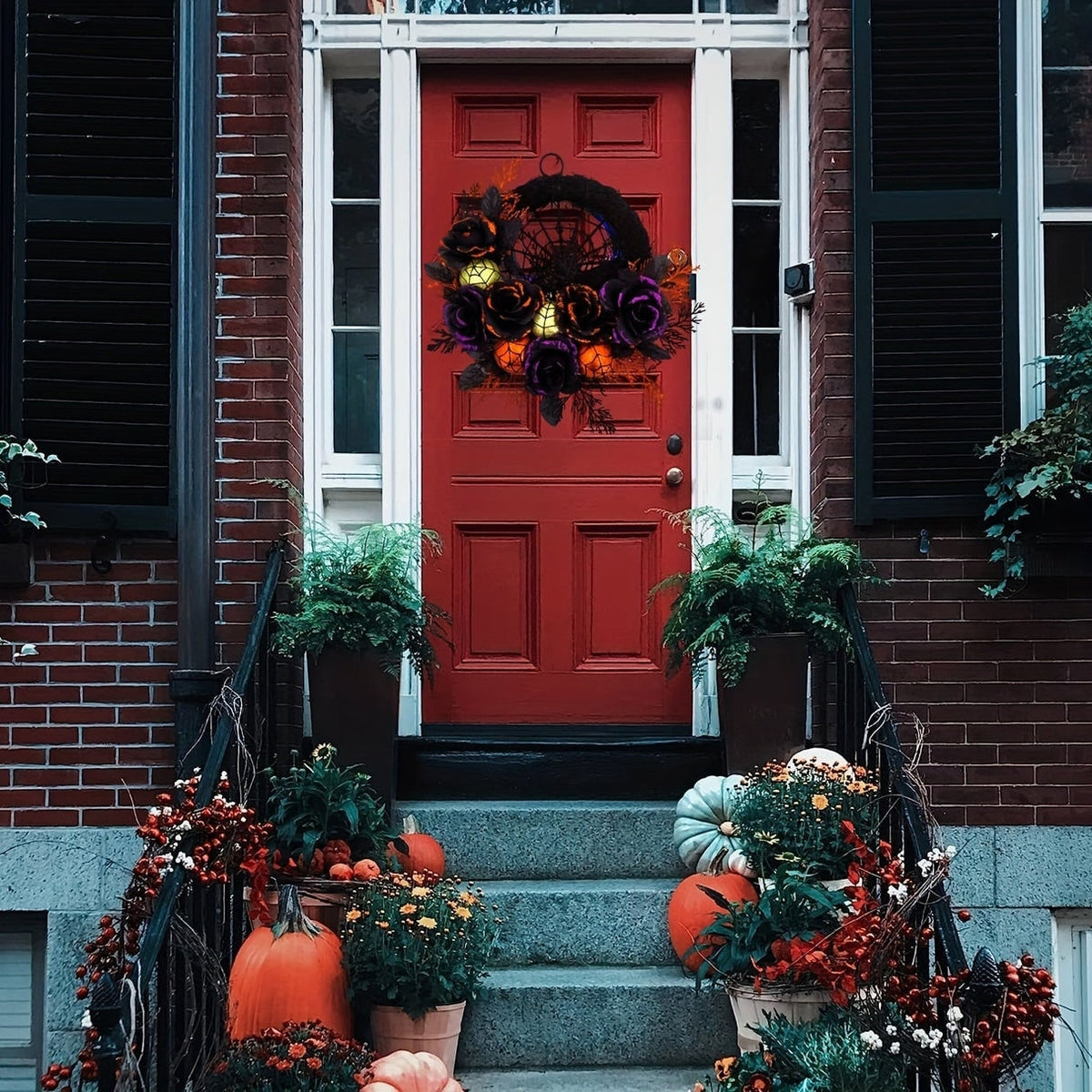 Eerie Elegance Wreath with Black Blooms and Webbing for Halloween