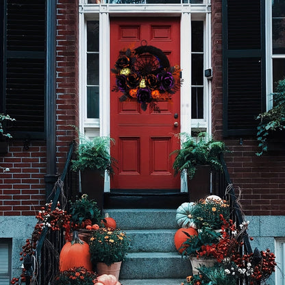 Eerie Elegance Wreath with Black Blooms and Webbing for Halloween