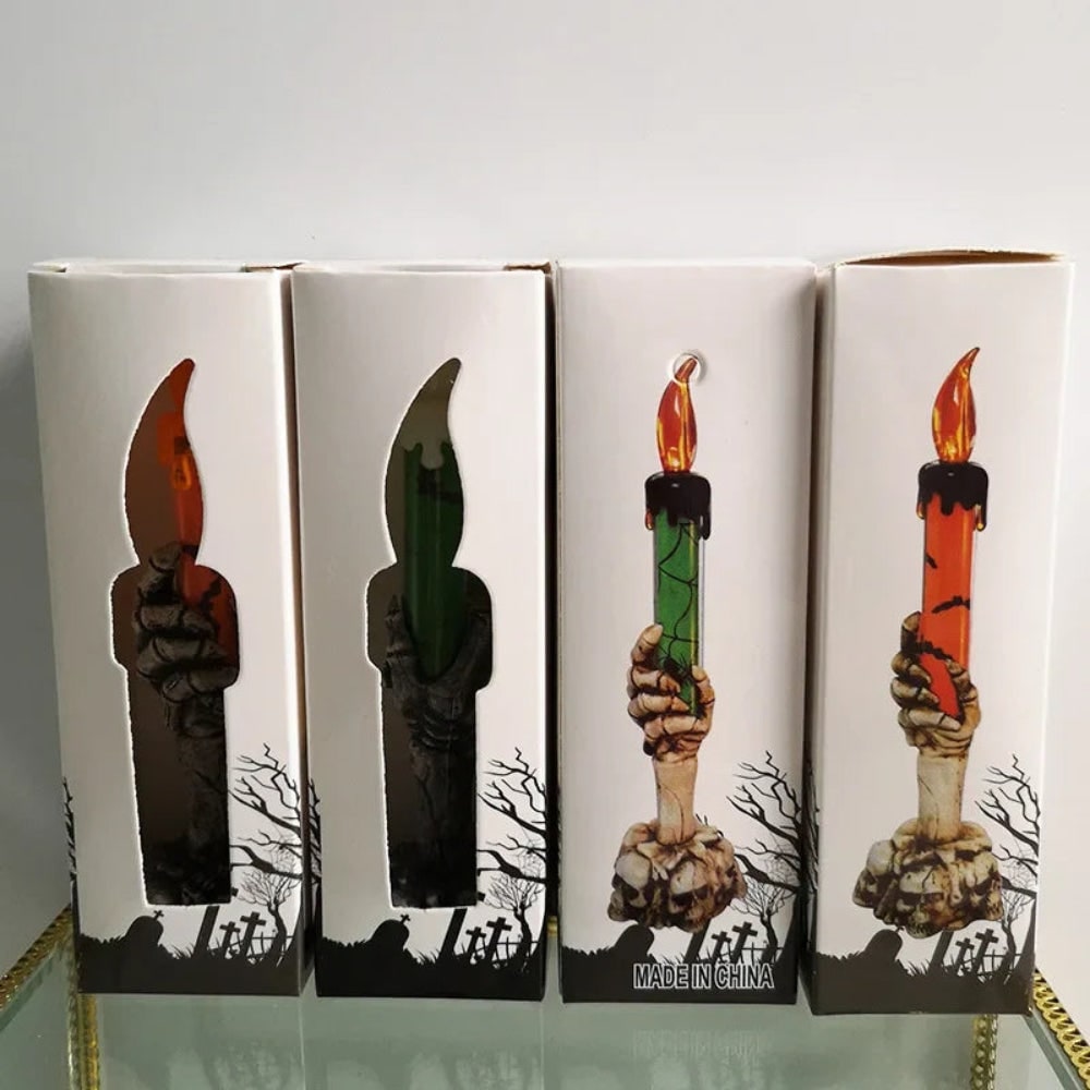 Spooky LED Candle with Skeleton Hand Holder for Halloween Fun