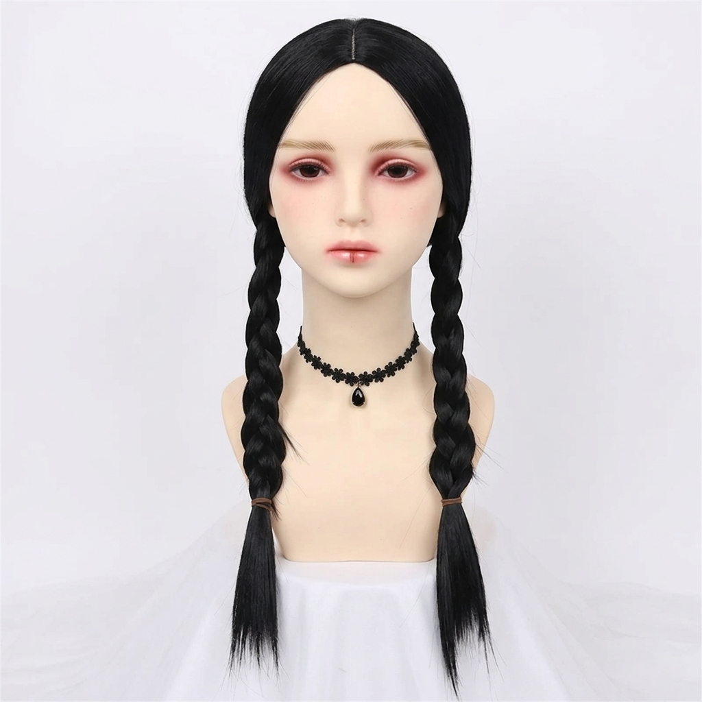 Gothic Schoolgirl Costume Dress with White Collar & Braids