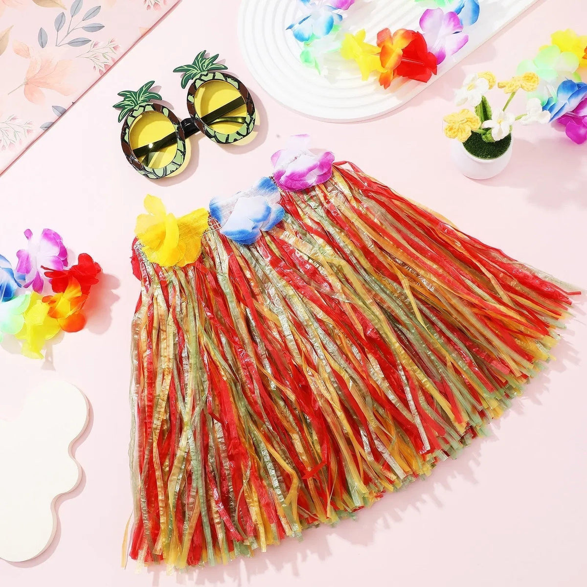 Tropical Fiesta Hula Skirt Ensemble with Floral Accessories