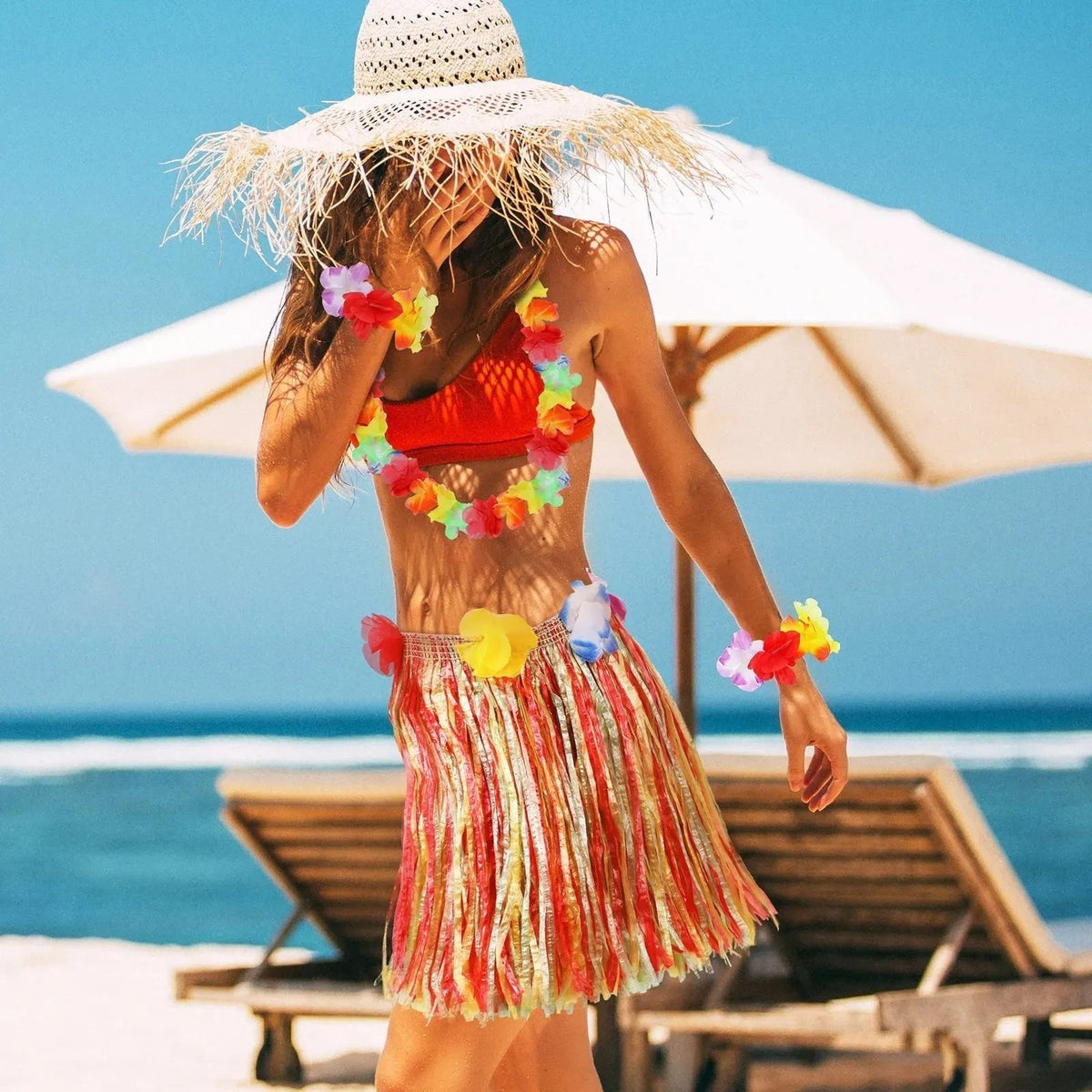 Tropical Fiesta Hula Skirt Ensemble with Floral Accessories