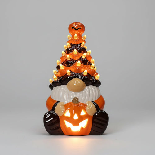 Illuminated Pumpkin Guardian Ceramic Gnome for Halloween Decor