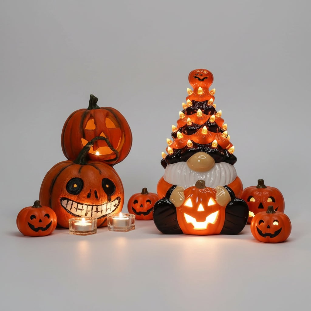 Illuminated Pumpkin Guardian Ceramic Gnome for Halloween Decor