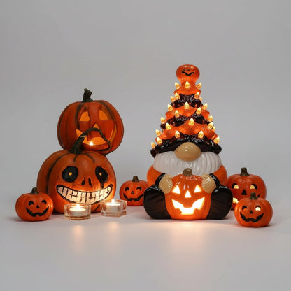 Illuminated Pumpkin Guardian Ceramic Gnome for Halloween Decor