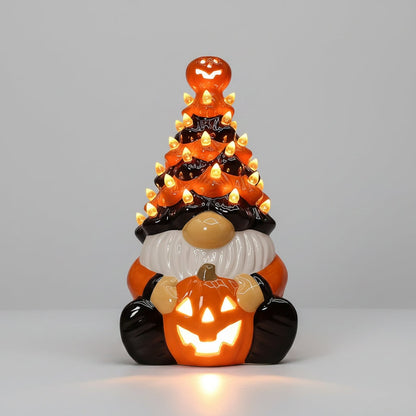 Illuminated Pumpkin Guardian Ceramic Gnome for Halloween Decor