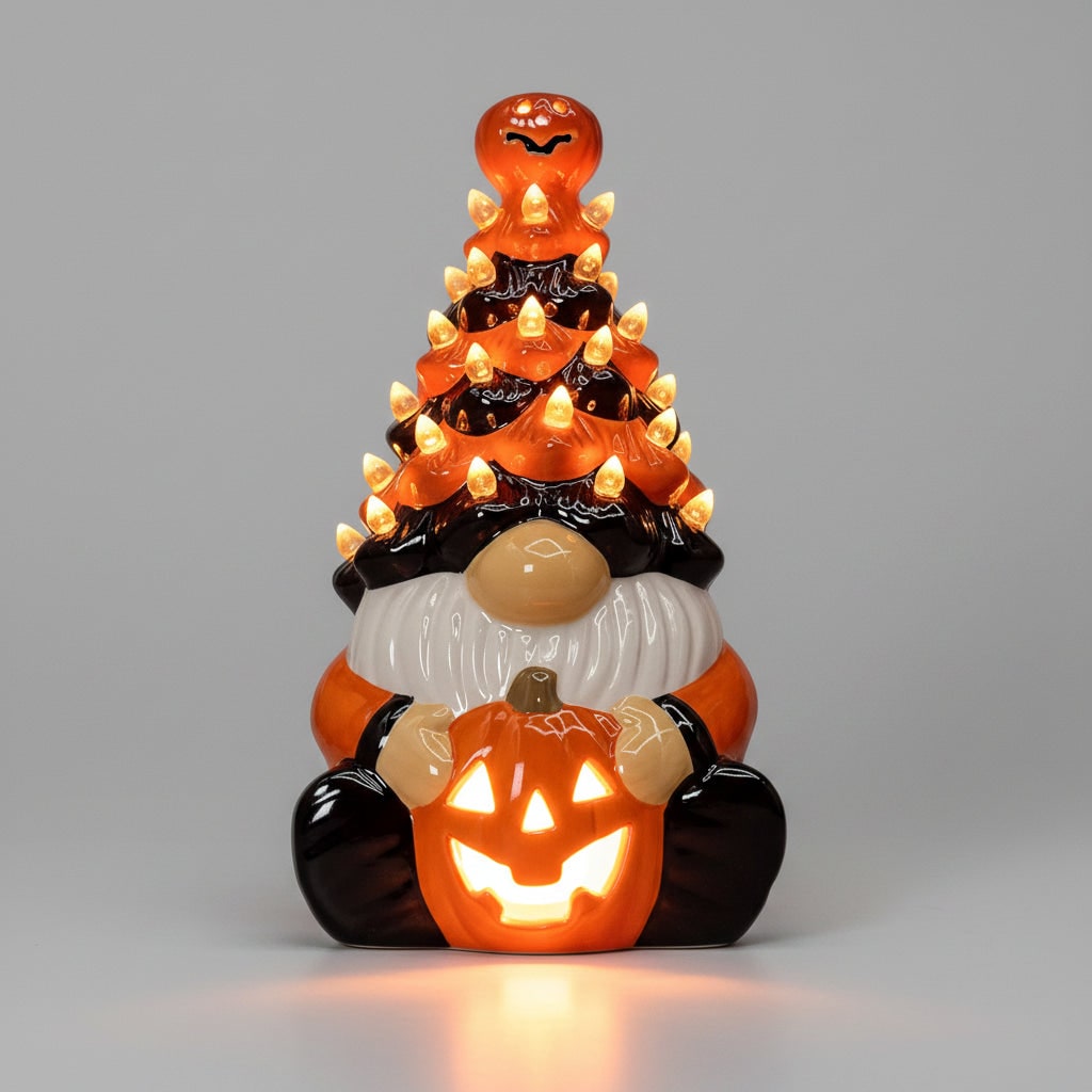 Illuminated Pumpkin Guardian Ceramic Gnome for Halloween Decor