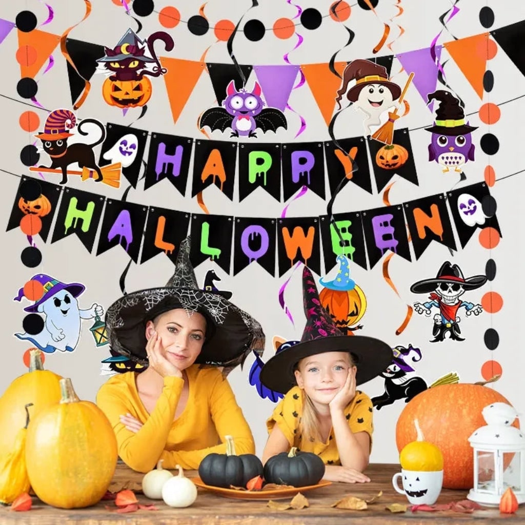 Ultimate Halloween Celebration Decoration Set with Banners and Swirls