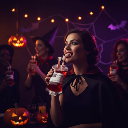 Chilling Blood Bag Drink Holders with Syringe for Spooky Gatherings