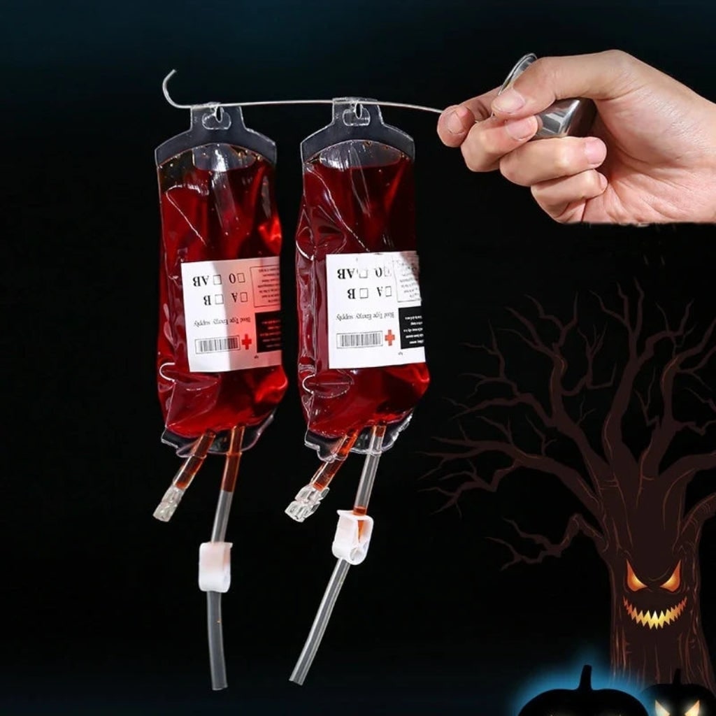 Chilling Blood Bag Drink Holders with Syringe for Spooky Gatherings