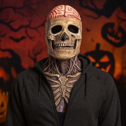 Bone-Chilling Skull Mask with Exposed Brain and Chest Detail