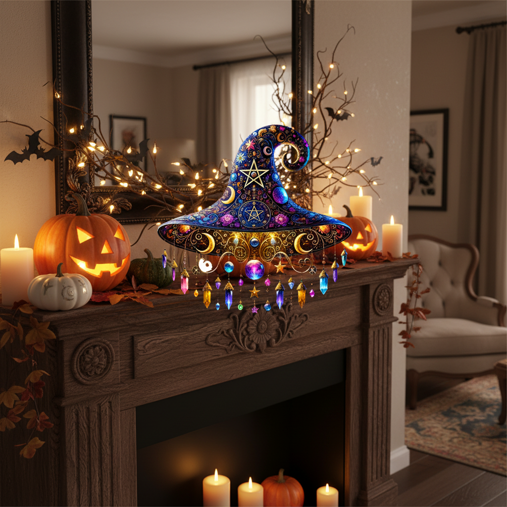 Magical Stained Glass Witch Hat Window Charm for Halloween